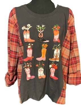 Western Flannel Upcycled Top T Shirt Boots Cowgirl